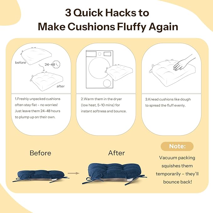 Non Slip Chair Cushions for Dining Chairs Set of 4 Kitchen Chair Cushions 18"x18"x3" Turfted Chair Pads Comfortable and Soft Seat Cushion with Ties, Navy