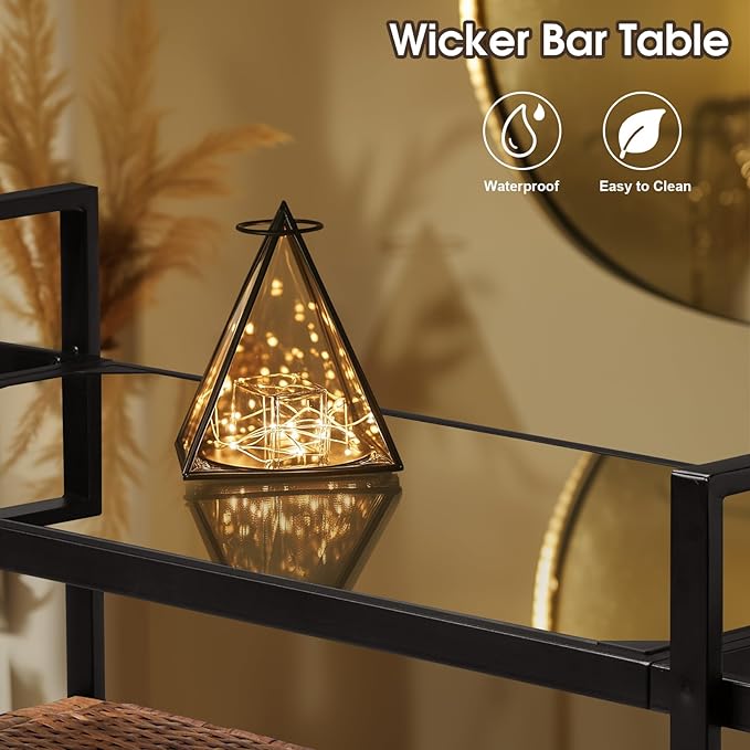 VINGLI Wicker Outdoor Bar Cart with Storage and Wheels, Outdoor Bar Table Serving Cart Rattan Bar Cart with Glass Top and Shelf for Pool, Party, Backyard, Porch (Brown)