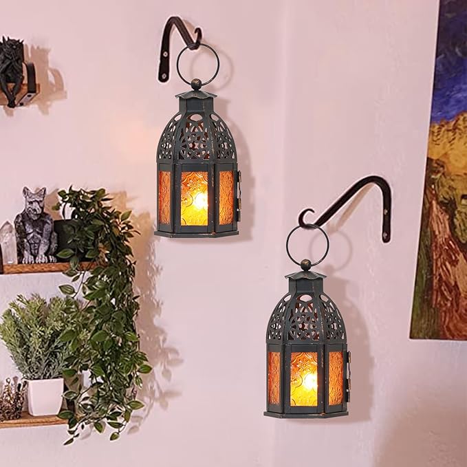 NEEDOMO Set of 4 Moroccan Candle Lantern, 9" Ramadan Lanterns Decorative Indoor Outdoor, Vintage Candle Holder for Chritsmas, Halloween, Table, Patio, Porch, Shelf, Ramadan Decorations (Amber)