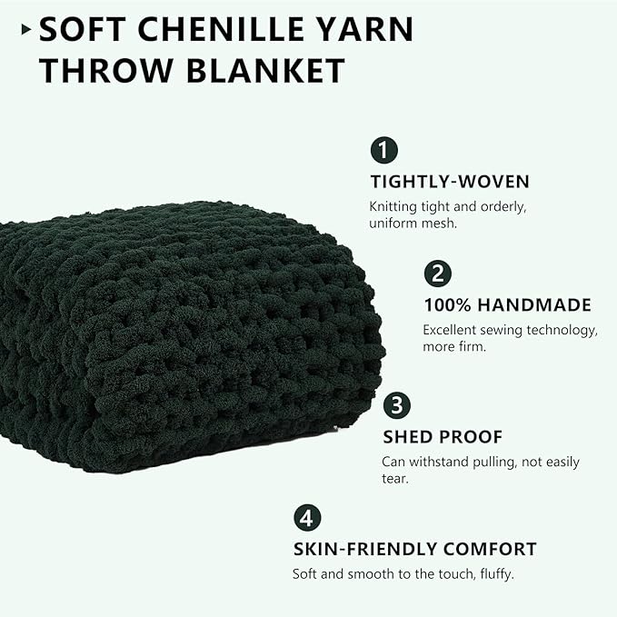 L'AGRATY Chunky Knit Blanket Throw - Soft Chunky Throw Blanket 60x80: 100% Hand Kintted Chenile Crochet Throw Blanket for Couch - Large Cable Knit Chunky Blanket for Home Decor(Olive Green)