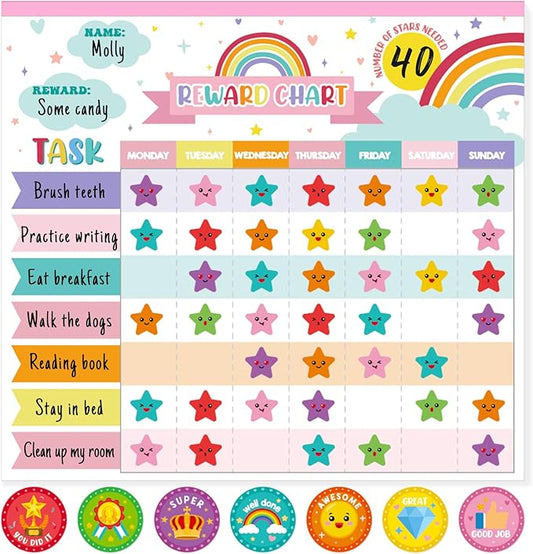 Reward Chart for Kids,Magnetic Behavior Chore Chart for Kids at Home,26 Rainbow White Chore Charts,1960 Star Stickers,56 Reward Stickers,Incentive Chore Chart to Develop Responsibility and Good Habits