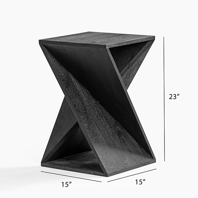 Modern Hand Made One-of-a-Kind Carved Mango Wood End Table, Farmhouse Side Table,Farmhouse End Table,Living Room,Bedroom, Accent Table, Contemporary Architectural Designed Black,Assembled