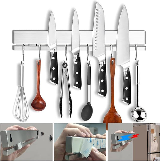 YIIYIIN 12" Premium 304 Stainless Steel Double-Sided Magnetic Knife Holder for Wall or Fridge -with Adhesive Strip, No Drill -6 Hooks Included for Kitchen Utensils