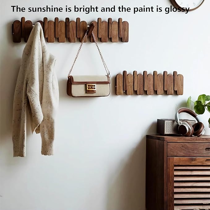 Wall Mounted Piano Key Hanger | Flip Style Hook | Entrance Wall Art Hook, Made of Oak Wood (3 Times Painted, 4 Times Polished) (Arc Walnut-Beech, 10Hooks)