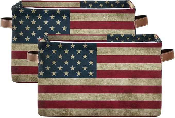 Storage Basket Bin Vintage Retro American Flag Organizer Basket Collapsible Shelf Basket Cube with handle for Nursery Bedroom Bathroom, one sizex1
