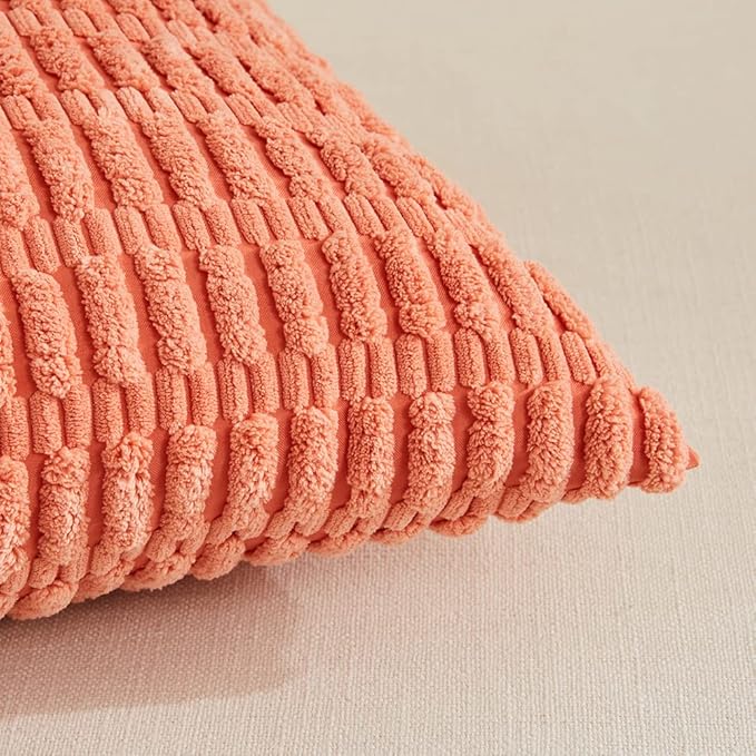 Fancy Homi 4 Packs Boho Coral Decorative Throw Pillow Covers 16x16 Inch for Living Room Couch Bed Sofa, Rustic Modern Farmhouse Home Decor, Soft Plush Corduroy Peach Cute Square Cushion Case 40x40 cm