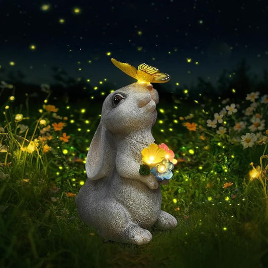 Solar Bunny Statues Light with Butterfly LED - Auto On/Off Weathproof Resin Garden Figurine Decor Gift for Pathway, Patio & Mom's Flower Bed (Warm Light)