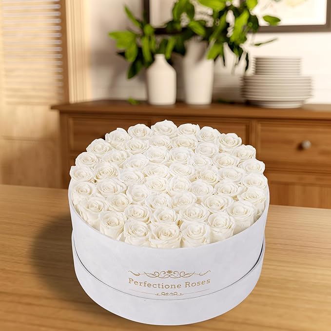 50 Piece Roses in a Velvet Box, Flowers for Delivery, Presereved Flowers Birthday Gifts for Women Mom and Wife (Off-White)