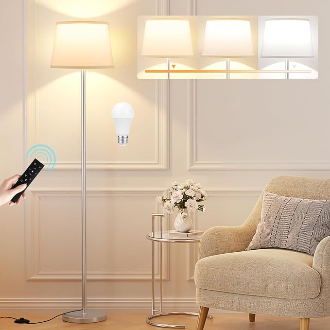 【Upgraded】Floor Lamps for Living Room, Modern Floor Lamp with Remote Control, Dimmable Colors Temperature Standing Lamp Foot Switch, 9W Bulb Tall Lamps for Bedroom Office Kid Room - Silver