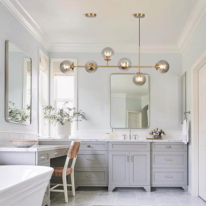 KCO Lighting 6-Light Modern Globe Sputnik Chandelier Brass Gold Linear Pendant Chandelier Lighting Smoke Glass Dining Room Chandelier Mid Century Sputnik Island Lights for Kitchen Living Room