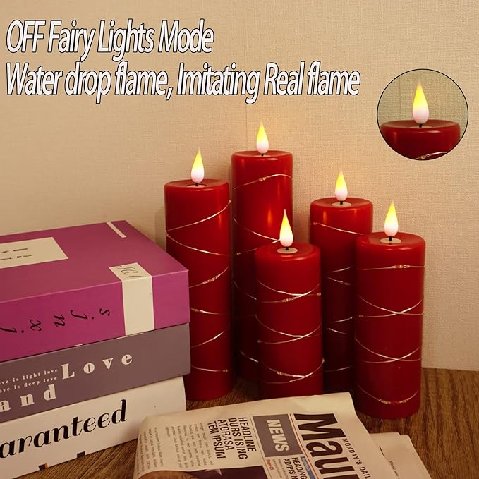 Red Flameless Candle with Remote Control LED Candle with String Lights Battery Powered Flameless Candle4'' 5'' 6'' 7'' 8'' Candles of 5 Pcs
