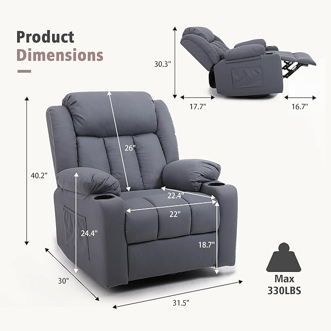 Rocker Swivel Recliner Chair for Adults, Overstuffed Large Manual Recliner Glider with Massage and Heat, Comfy Soft Fabric Living Room Reclining Sofa Chair(Technical Grey)