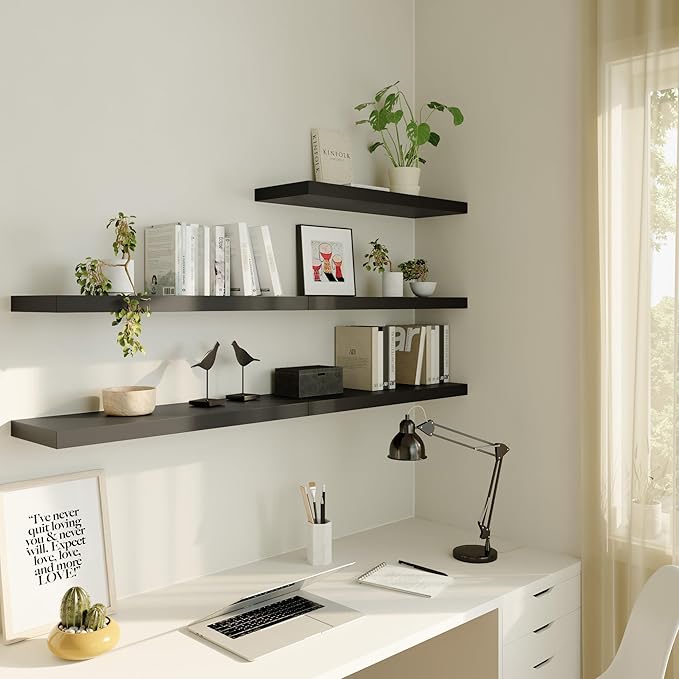 Large Floating Shelves for Wall Set of 1 Wooden Wall Shelves 24 in x 12.75 in x 2 in Room Decor Long Shelf with Invisible Wall Mount Bracket for Bedroom Kitchen Living Room Black