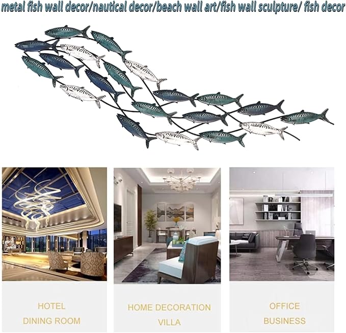 Coastal Metal Fish Wall Decor, Large Nautical Fish Wall Décor,School of 20 Fish Wall Art,3D Fish Wall Sculpture,Fish Metallic Art Decor,Perfect for Living Room,Bedroom,Beach Or Boat Decor,59" X 16.5"