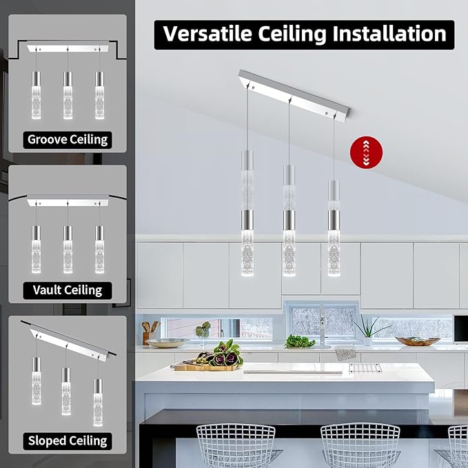 OKELI Smart 3-Light LED Pendant Lighting for Kitchen Island, 18W 1350LM Adjustable 3000K-6000K, Dimmable via TUYA App & Voice Control (Alexa/Google Home), Modern Crystal Bubble Pendant,Chrome Square