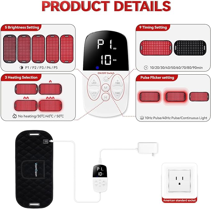 Red Light Therapy for Body,Infrared Light Therapy Heating Pad for Back|Knee|Waist|Hands|Feet Pain Relief,Portable 660nm&850nm Home Red Light Therapy Belt Wrap Gift for Women Men