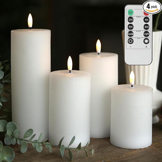 LUSHABOR Flameless Candles, 4 Pack Battery Operated Candles with Remote, Real Wax LED Fake Candles with Timer Flickering for Christmas Wedding Home Party D3 H 5" 6" 7" 9" White
