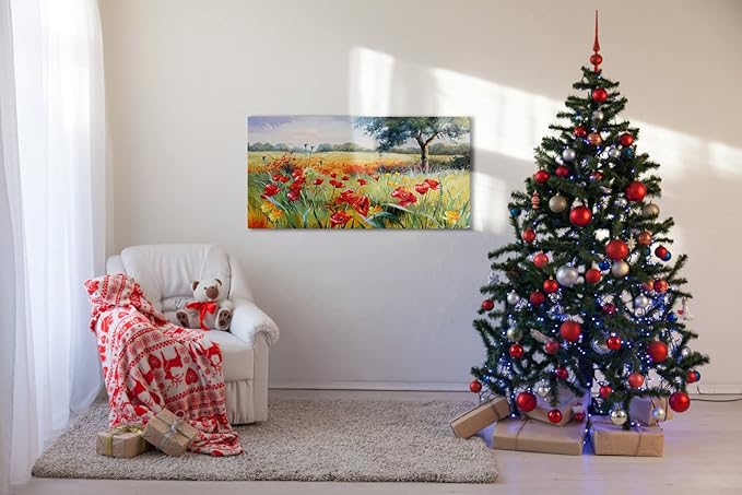 Wall Decor for Living Room Large Wall Art Green Trees Red Yellow Flowers Canvas Art Wall Decor for Bedroom Modern Home Decor Framed, Nature Prints Artwork Wall Decorations 24x48