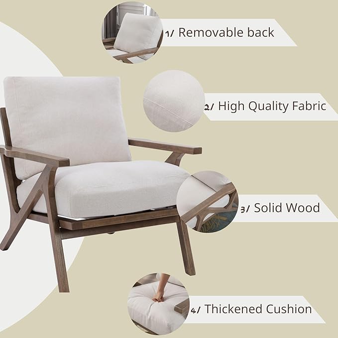 Wahson Set of 2 Mid Century Chair, Upholstered Accent Armchairs, with Wood Frame and Linen Cushions, Leisure Slipper Chair for Living Room/Bedroom, Cream