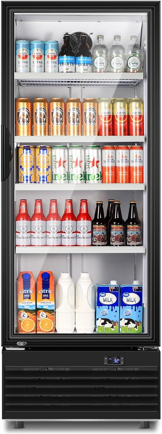 Tylza Commercial Refrigerator with Glass Door Display Beverage Fridge, 350L Upright Beverage Cooler Merchandiser with Rebound Door, Fast Cooling, Low Noise, Black