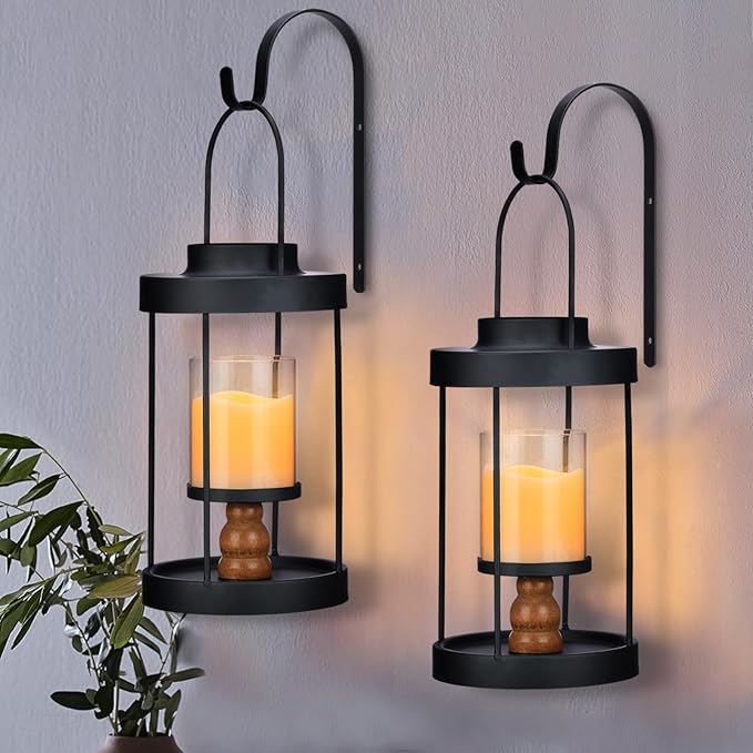 Metal Wall Sconce Candle Lantern Set of 2 - Black Wall Mounted Wood and Metal Hanging Holder with Glass & Candles Vintage Wall Decor for Porch, Living Room, Dining Room, Bedroom Indoor Decor