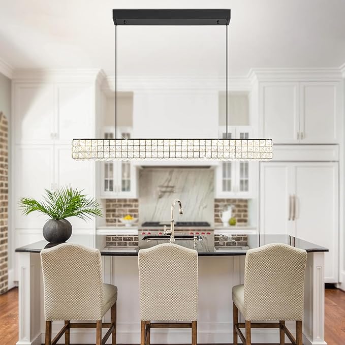 Rectangle Crystal Chandelier Modern Crystal Chandelier Black Rectangular Pendant Lighting Fixture for Dining Room Kitchen Island Bedroom (L 40")