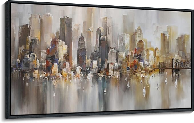 New York City Wall Art -Framed Modern Abstract Wall Art for Living Room, Office & Bedroom Cityscape & Paintings for Bedroom brooklyn bridge Pictures Wall Decor Chicago Artwork for Walls 24×48IN