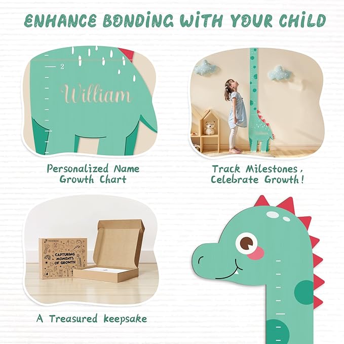 Personalized Name Growth Chart, Dinosaur Wooden Height Chart, Thick Height Measuring Board, Kids Height Tracker for Nursery Decor, Baby Boy Girl Measurement Ruler, Growth Charts Ruler