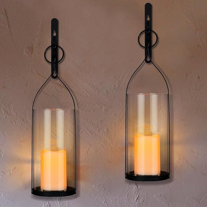 Metal Wall Sconce Candle Lantern Set of 2 - Black Wall Mounted Hanging Holder with Glass & Candles Vintage Wall Decor for Porch, Living Room, Dining Room, Bedroom Indoor Decor