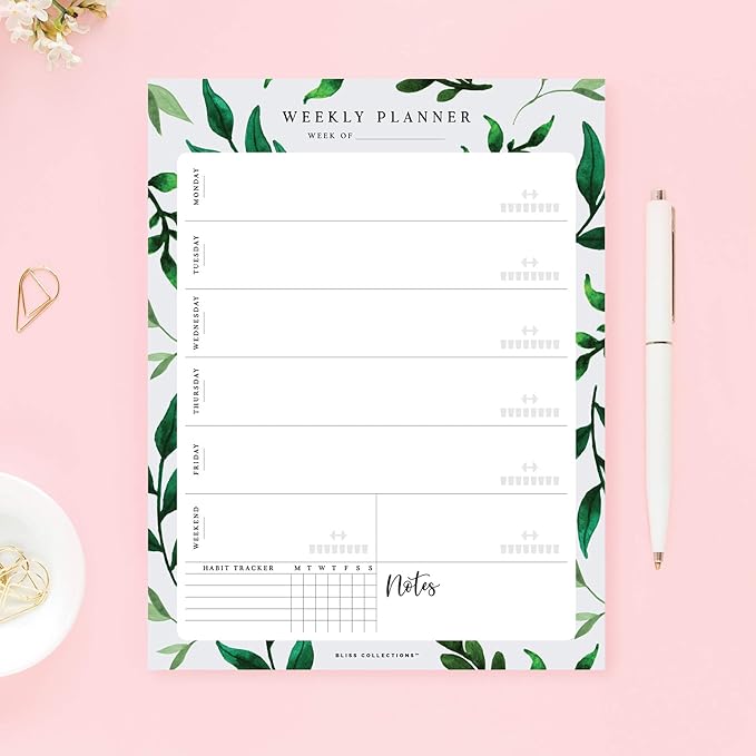 Bliss Collections Weekly Planning Pad, Desk Calendar - Greenery - Undated Tear-Off Sheets Notepad - Calendar, Organizer, Scheduler for Goals, Tasks, Ideas, Notes & To-Do Lists - 8.5" x 11", 50 Sheets