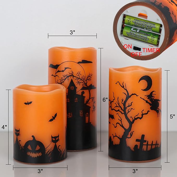 Wondise Halloween Flickering Flameless Candles with 6 Hour Timer, Battery Operated LED Real Wax Candles Set of 3 Halloween Home Decoration Gifts(3 x 4 5 6 Inch)