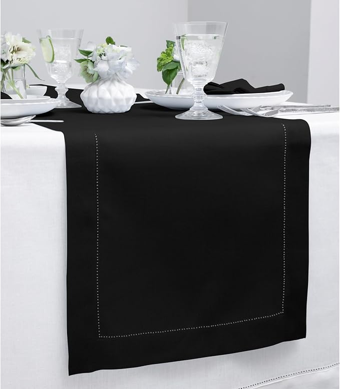 Solino Home Linen Black Table Runner 60 Inches - Classic Hemstitch, 100% Pure Linen Coffee Table Runner 14 x 60 Inch Ideal for Dresser Tables - Fall, Autumn, Halloween, Thanksgiving