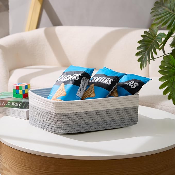 Large Shallow Organizing Baskets 15x11x5.1 Inches - Rope Woven Storage Bins for Bathroom, Shelves, Cube Closet, Gradient Grey 2 Packs