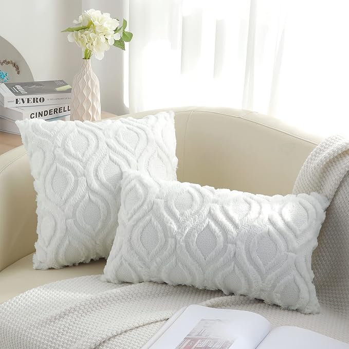 decorUhome Fall Throw Pillow Covers 26x26 Inch Set of 2, Soft Plush Decorative Faux Fur White Solid Couch Pillow Covers, Accent Farmhouse Neutral Square Euro Pillow Cases for Sofa Bed Living Room