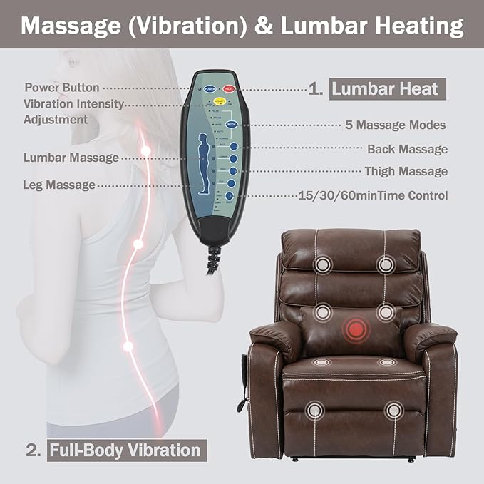Power Lift Recliner Chair for Adults Elderly Lay Flat Leather Recliners with Massage Heating, Extended Footrest, Wireless Charging Device, USB Ports, Cup Holder, Lumbar Pillow, Up to 400LBS