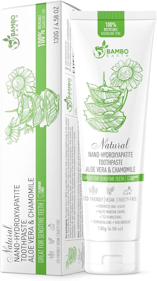 Natural Fluoride Free Toothpaste - Nano Hydroxyapatite, Remineralizing, Sensitive Teeth, Whitening & Zero Waste Tube - Dentist Recommended for Adult & Kids Oral Aloe Vera & Chamomile (Single, Aloe)
