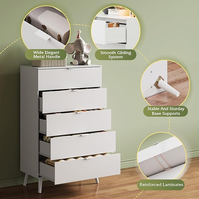 WLIVE 5 Drawer Dresser for Bedroom, Tall Wood Dresser, White Dressers Storage Organizer with Sturdy Metal Handle, Chest of Drawers for Living Room, Hallway, Closet