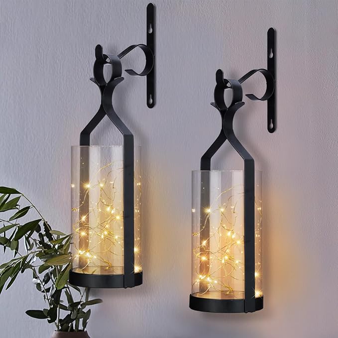 Metal Wall Sconce 35 Led Lantern Set of 2 - Black Wall Mounted Hanging Holder with Glass & Candles Vintage Wall Decor for Porch, Living Room, Dining Room, Bedroom Indoor Decor