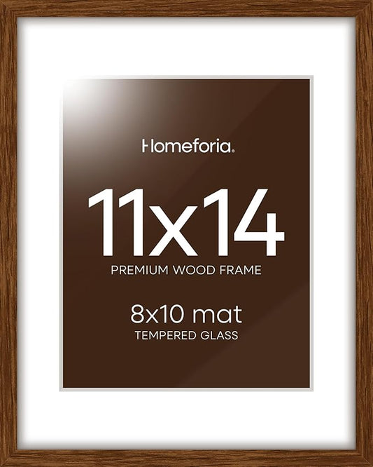 Homeforia 11x14 Brown Picture Frame, High End Dark Oak 11x14 Walnut Poster Frame with Mat 8x10, 11 x 14 Wooden Frame Matted to 8 by 10 inch Photo, 14x11 Thin Frames, Tempered Glass, Wall Kit, Set of 1