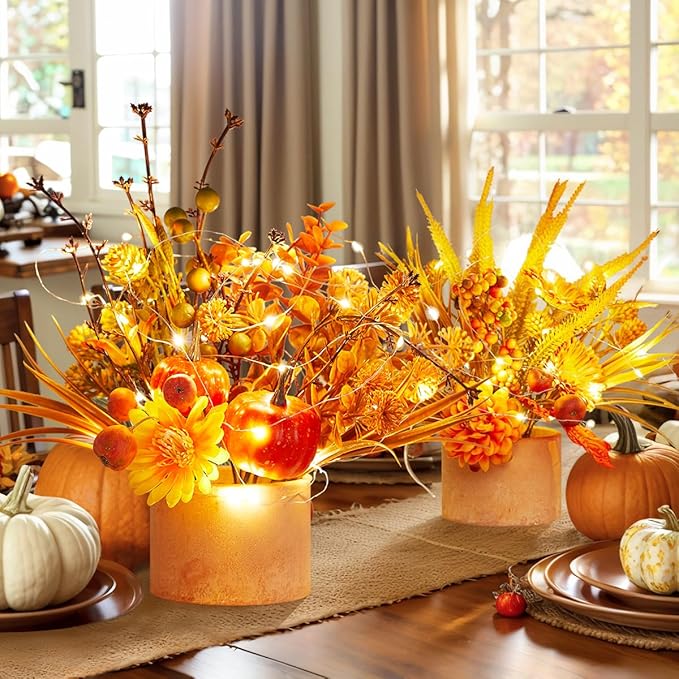 Thanksgiving Centerpiece Fall Table Flower - 2 Pack Lighted Realistic Artificial Table Plant with Western Modern Boho Rustic Aesthetic Bouquet Fall Decor Gift for Home Farmhouse