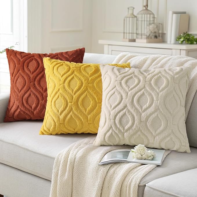 decorUhome Throw Pillow Covers 22x22 Inch Set of 2, Soft Plush Decorative Faux Fur Mustard Yellow Solid Couch Pillow Covers, Accent Farmhouse Neutral Square Euro Pillow Cases for Sofa Bed Living Room