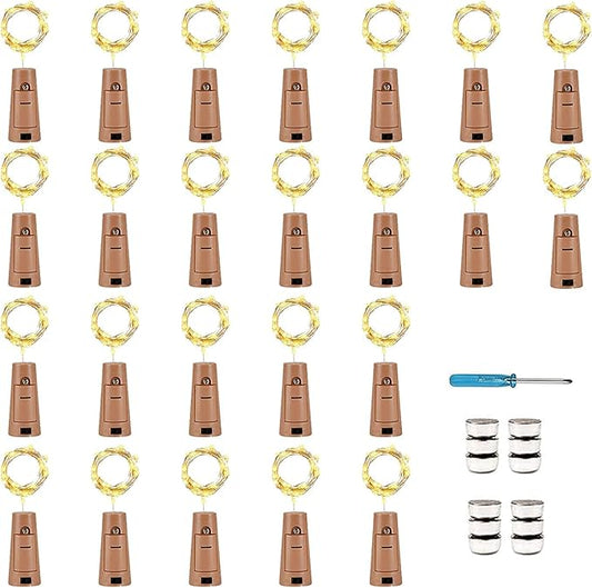 YJFWAL 24Pack 20LED Wine Bottle Lights with Cork, Cork Shape Silver Copper Wire Fairy Mini String Lights Fairy lights Battery Operated for DIY, Party, Wedding, Christmas, Halloween Decor (Warm White)