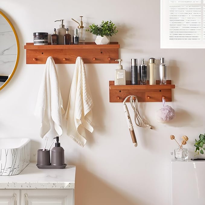 Wall Mounted Hook with Shelf,23.62in Entryway Wall Hanging Shelf,Solid Wood Coat Hooks,for Bathroom, Kitchen,Cherry Wood Color YD-WS0260C