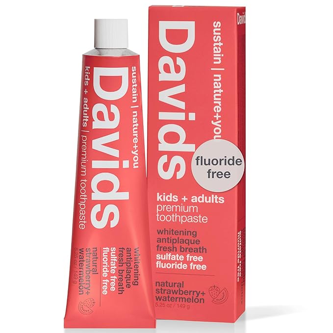 Davids Fluoride Free Kids & Adults Toothpaste, Teeth Whitening, Antiplaque, SLS (Sulfate) Free, Promotes Enamel Health, Mouth & Gum Detox, Natural Strawberry Watermelon, 5.25oz