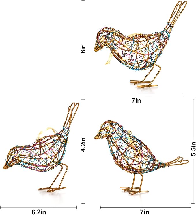 Modern Table Decor Set of 3 - Handmade Metal Bird Sculptures with Colorful Wire Weaving, Multi-Pose Rustic Home Accent & Christmas Tree Ornaments
