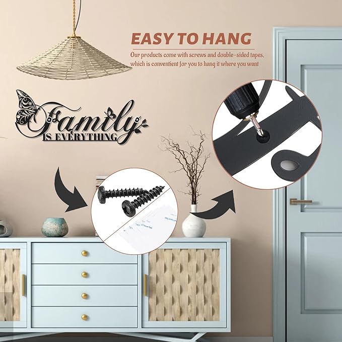 Family Signs Metal Wall Decor, Oppro Family Is Everything Word Sign with Butterfly for Home Decor, Black Art Plaque Letters for Living Room, Dining Room Bedroom Housewarming Mother's Day Father's Day Gift , 17”x6.3”