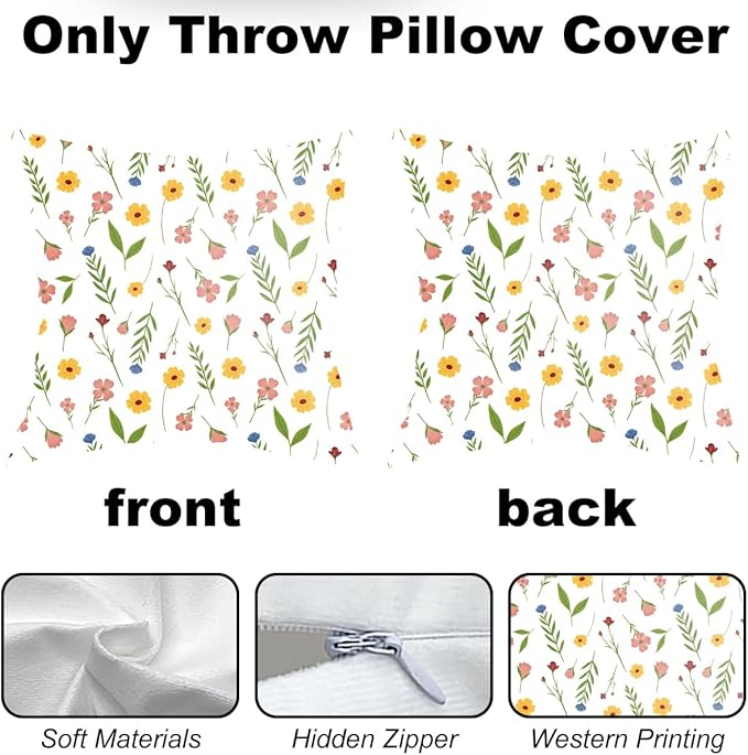 2 Pack Retro Cute Wildflowers Decor Throw Pillow Covers, 18x18 Pillow Cover, Decorative Couch Pillow Covers Flower Decor Pillowcase for Sofa Cushion Sofa Home Chair Office Car Seat Living Room