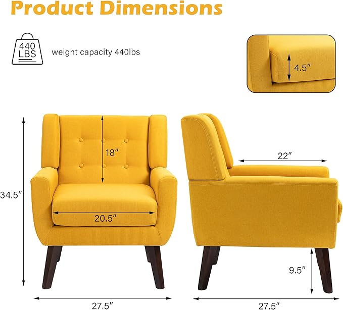 UIXE Accent Chair, Modern Upholstered Armchair in Fabric for Living Room, Comfy Club Arm Chairs Single Sofa Button Tufted Bedroom Reading Seat - Yellow, Set of 1