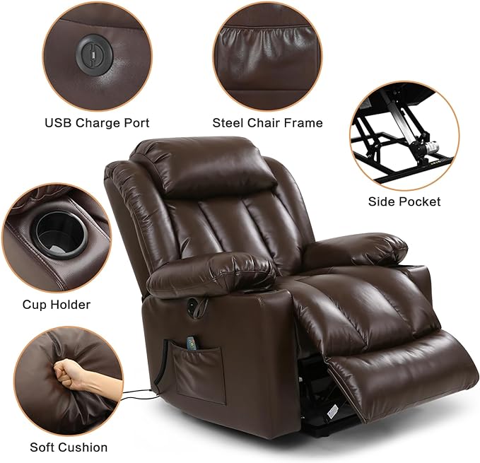 Power Lift Recliner Chair for Elderly Breathable Leather Recliner Chair with Massage and Heat for People Limited Mobility,2 Cup Holders,Electric Stand Assist,USB Ports,Gifts for Family (Brown)