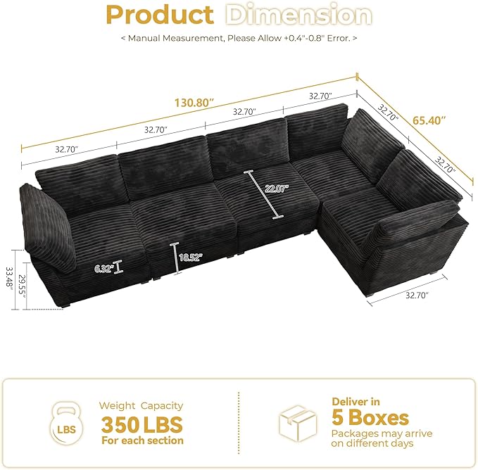 HOOOWOOO Modular Sectional Sofa,5 Pieces Sectional Couches for Living Room,131X66 L Shaped Cloud Couch Set(Black Velvet Corduroy)
